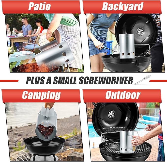HaSteeL Charcoal Chimney, 10.6x6.7 Inch Heavy Duty BBQ Chimney Starter for Outdoor Grilling Barbecue Camping, Quick Rapid Fir Briquette Coal, Heat Resistant Wooden Handle & Screwdriver