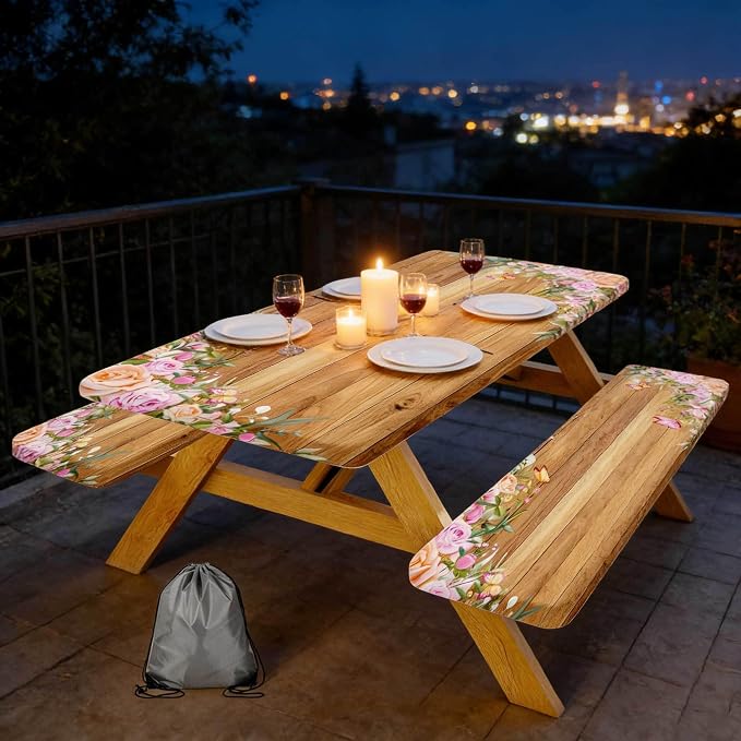Camper Picnic Table Cover with Bench Covers Elastic Edges, Wooden Camper Fitted Table Cover, Outdoor Patio Camping Essentials 96 Inch 3PCS, Waterproof Camping Fitted Tablecloth with Drawstring Bag