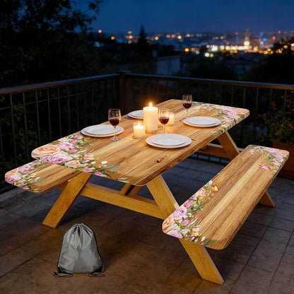 Camper Picnic Table Cover with Bench Covers Elastic Edges, Wooden Camper Fitted Table Cover, Outdoor Patio Camping Essentials 60 Inch 3PCS, Waterproof Camping Fitted Tablecloth with Drawstring Bag