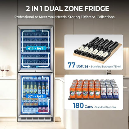 24 Inch Wide Wine and Beverage Cooler, 2 IN 1 Beverage Refrigerator with Glass Door, Dual Zone Wine Fridge Built-In/Freestanding, Beverage Wine Fridge for Home/Bar, 77 Bottle & 180 Can, Silver