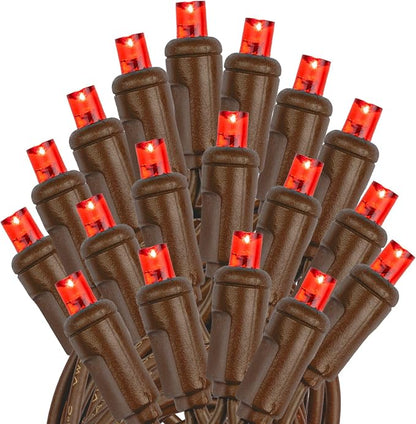 Novelty Lights 50ft 100 LED Red Christmas String Lights, Brown Wire | UL Listed IP55 Commercial Grade Xmas Lights for Outdoor & Indoor, 6 Inch Spacing, Dimmable, Connectable, Flicker Free Bulbs