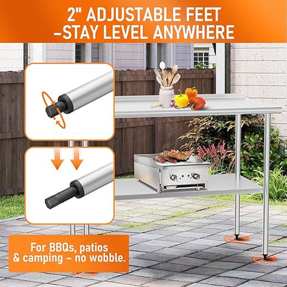 HOCCOT Stainless Steel Work Table 24" x 48" with Adjustable Undershelf and Backsplash, Commercial Workstations for Kitchen, Garage, Outdoor BBQ
