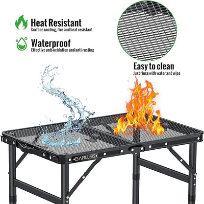 GARLLEN 2ft Folding Grill Table Max Capacity 66lbs, 3-Height Adjustable Folding Camping Table with Heat-Resistant Mesh Tabletop, Portable Aluminum Picnic Tables for BBQ, Outdoor, 22.8" L x 15.7" W