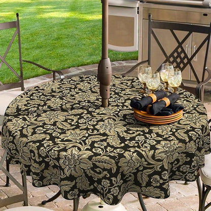 Outdoor/Indoor Round Tablecloth with Umbrella Hole Zipper, Decorative Circular Table Cover for Home Garden, 60 Inch, Jacobean Black