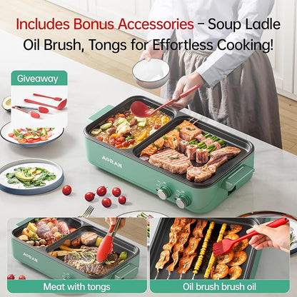 AORAN Electric Hot Pot with Grill, 2-in-1 Indoor Non-Stick Pot for Korean BBQ, Shabu Shabu & Noodles, Dual Temperature Control, Quick Heating with Bonus Accessories Green