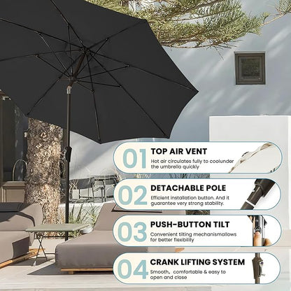 9FT Large Outdoor Patio Umbrella Pool Market Umbrella-UV Resistant, Easy Push Button Tilt and Crank, 8 Sturdy Ribs Heavy-Duty Table Umbrella for Deck, Backyard, Garden (Black)