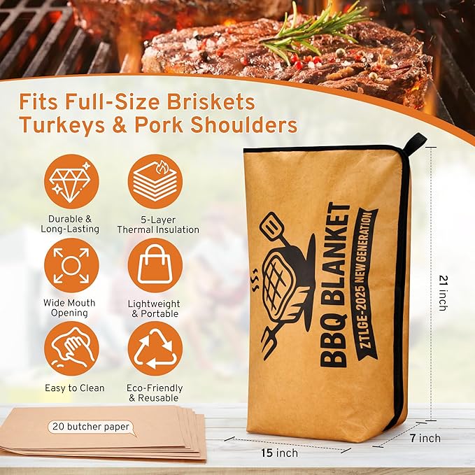 BBQ Blanket for Resting Meat - 21" Reusable Leakproof 5-Layer Insulated Smoker Bag with 20 Butcher Papers, Smoker Accessories & Gifts for Dad (Turkey, Pork, Beef)