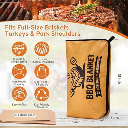 BBQ Blanket for Resting Meat - 21" Reusable Leakproof 5-Layer Insulated Smoker Bag with 20 Butcher Papers, Smoker Accessories & Gifts for Dad (Turkey, Pork, Beef)