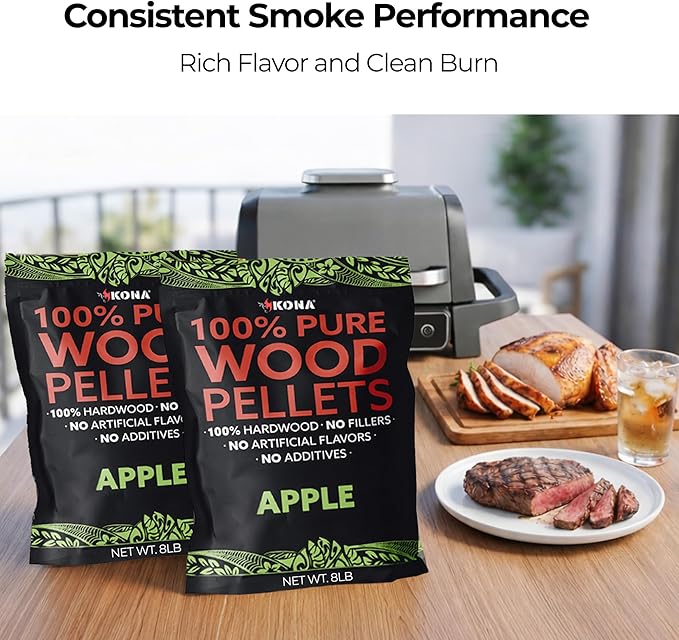 Kona 100% Apple Smoker Pellets, Intended for Ninja Woodfire Outdoor Grill, 8 lb Resealable Bags