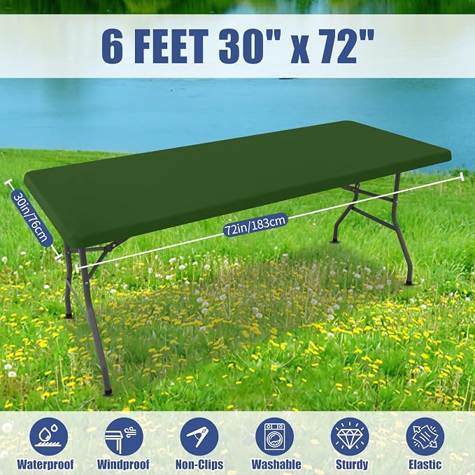 Moosfor Spandex 6 Foot Rectangle Table Cloth, Elastic Fitted Tablecloths for Picnic, Stretch Washable Patio Table Cover for Outdoor, Camping, Banquet and Parties (Olive Green, 30"x72")