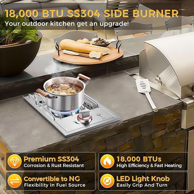 Grilling Side Burners for Outdoor Kitchen,18,000BTU Liquid Propane Side Burner Convertible to Nature Gas, Duty Heavy 304 Stainless Steel, Single Burner for BBQ Island Grill, Gold