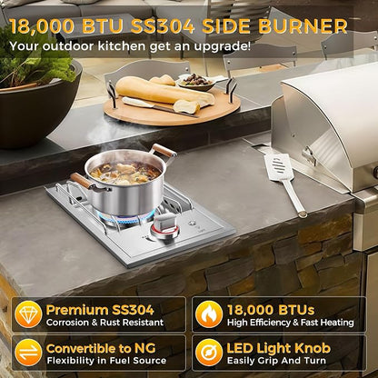 Grilling Side Burners for Outdoor Kitchen,18,000BTU Liquid Propane Side Burner Convertible to Nature Gas, Duty Heavy 304 Stainless Steel, Single Burner for BBQ Island Grill, Gold