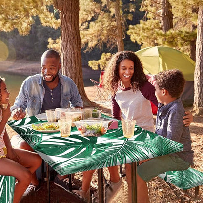 Summer Rectangle Fitted Picnic Table Cover w/ Bench Covers, Tropical Palm Tree Leaves Picnic Table Covers w/ Elastic, 72x28 Inch, 3 pcs Set, Green, for Picnics Indoor and Outdoor Dining Use