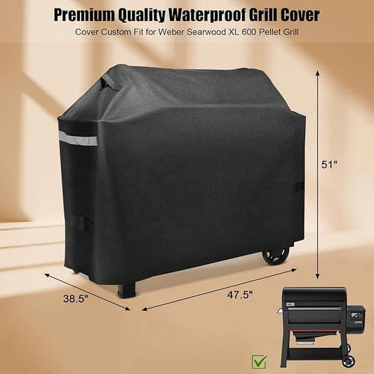QuliMetal Grill Cover for Weber Searwood XL 600 Pellet - 600D Heavy Duty Tear-Resistant Waterproof Weather Resistant Grill Cover for Weber 3400146,Outdoor BBQ Accessory