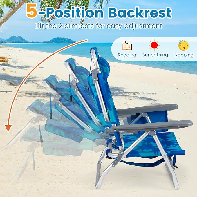 GYMAX Beach Chairs, Backpack Camping Chair | with Armrest, Cooler Bag, Cup Holder & Towel Bar, Sunbath Tanning Lounge, Folding Layout Chair (Without Table, Coconut Tree)