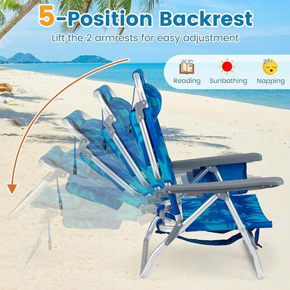 GYMAX Beach Chairs, Backpack Camping Chair | with Armrest, Cooler Bag, Cup Holder & Towel Bar, Sunbath Tanning Lounge, Folding Layout Chair (Without Table, Coconut Tree)