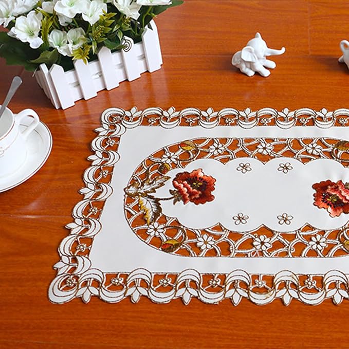 LeLehome Set of 4 Flower Embroidered Placemats, Oblong Rufous Flower Rose Lunchmats Place Mats, Home Kitchen Dining Restaurant Party Indoor Decor Table Mats, 18 Inch X 12 Inch