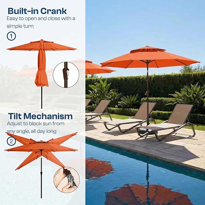 Patio Umbrella, 2 Tier Outdoor Table Umbrella, Large Vented Market Umbrellas with Push Button Tilt and Crank, 8 Sturdy Ribs for Backyard, Deck, Pool, UPF50+ UV Protection
