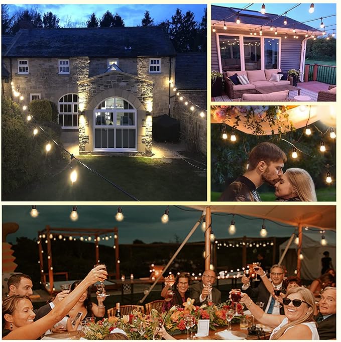 48FT Outdoor String Lights LED Heavy-Duty Waterproof Patio Lights | 15+1 Shatterproof Plastic Bulbs,2200K Warm White Bistro lights for Patio Gazebo Pergola Cafe Market