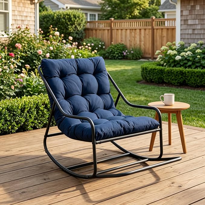 Outdoor Rocking Chairs, Metal Frame Outdoor Rocker with Footrest, Comfy Oversized Patio Chair with Thick Cushion, Reading Glider Lounge Chair for Living Room, Bedroom, Garden, Relax, Navy Blue
