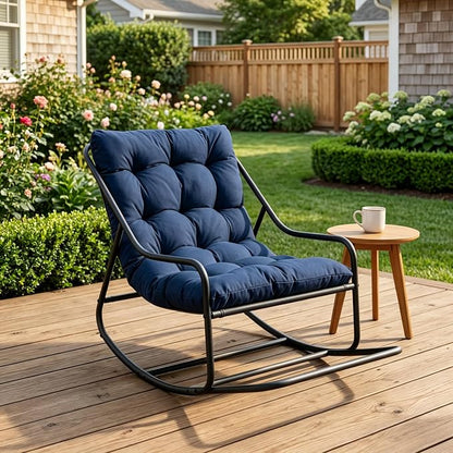 Outdoor Rocking Chairs, Metal Frame Outdoor Rocker with Footrest, Comfy Oversized Patio Chair with Thick Cushion, Reading Glider Lounge Chair for Living Room, Bedroom, Garden, Relax, Navy Blue