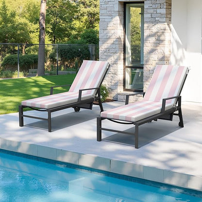 Crestlive Products Outdoor Chaise Lounge Cushions Set of 2, 3 Years Fade Resistant Water Resistant Lounge Chair Cushion, 80''L x 23''W, Pink White Stripe