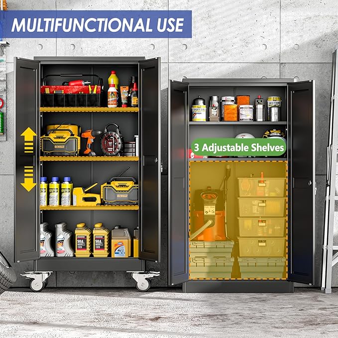 61" Metal Garage Storage Cabinet with Wheels and Locking Doors and Tall Rolling Steel Tool Cabinet with 3 Adjustable Shelves for Garage,Home,Office,Shop (Black, 61''H x 28''W x14''D)