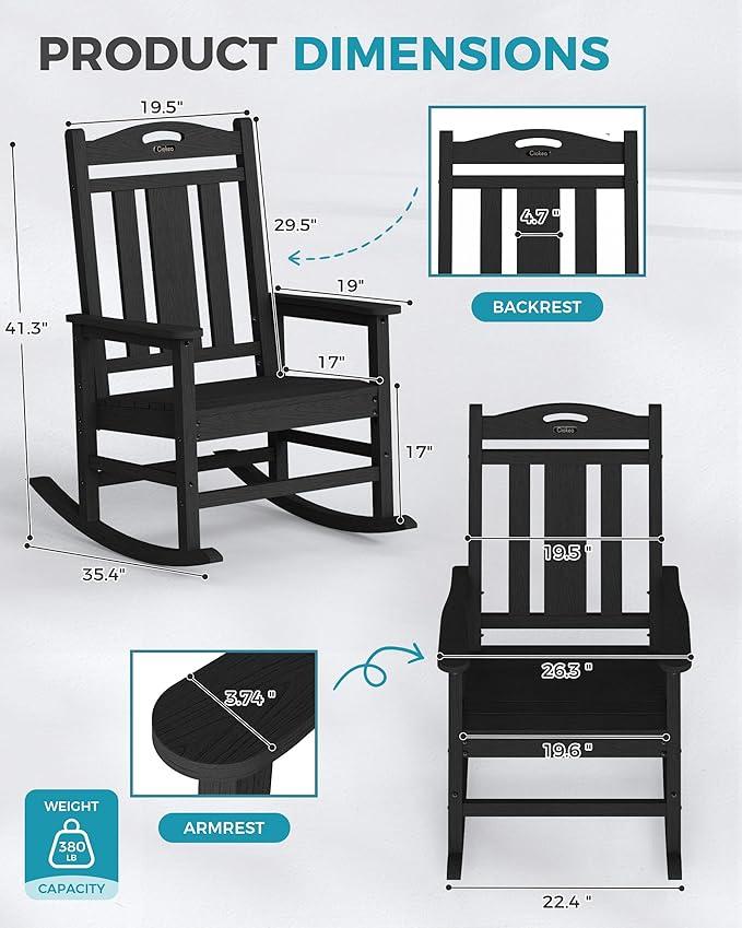 Ciokea Oversized Outdoor Rocking Chairs Set of 8, 380lbs Heavy-Duty Large Patio Rocker, High Back Cozy Porch Chairs, Weather Resistant Patio Rocking Chairs for Outside, Fire Pit, Deck, Black