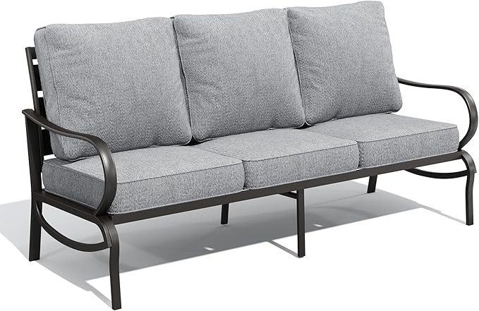 PHI VILLA Metal Patio Sofa with 5.75" Extra-Thick Waterproof Cushion, 3 Seater Deep Seat & High Back Outdoor Couch, All Weather Porch Furniture for Deck Backyard Front Porch Apartment,Gray