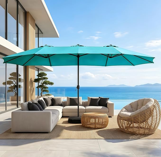 15ft Patio Umbrella with Base, 10-Year-No-Fade Large Outdoor Double-Sided Market Umbrella with UPF50+Terylene Polyester Fabric and Crank for Poolside Garden Deck Backyard Beach Pools
