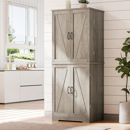 Vongrasig Kitchen Pantry Storage Cabinet with Barn Doors, Drawer and Adjustable Shelves, 6-Tier Tall Rustic Wood Cupboard Locker for Kitchen, Dining Room, Living Room, Bathroom, Rustic Grey