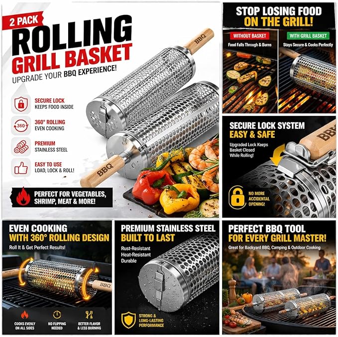 Rolling Grill Basket; 2 PCS; Stainless Steel; Nesting BBQ Tools; Grill Basket for Vegetables, Shrimp, Fish & Meat – Rotating BBQ for Outdoor Cooking and Grilling Accessories