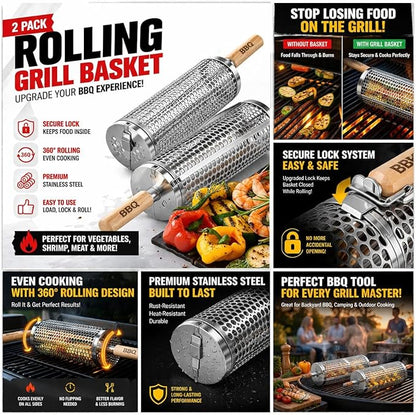 Rolling Grill Basket; 2 PCS; Stainless Steel; Nesting BBQ Tools; Grill Basket for Vegetables, Shrimp, Fish & Meat – Rotating BBQ for Outdoor Cooking and Grilling Accessories