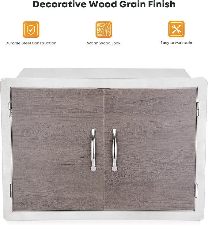 Stanbroil Double Door Dry Storage Pantry, 30-Inch Wood Grain Storage Cabinet BBQ Access Door for Outdoor Kitchen, BBQ Island and Grill Station