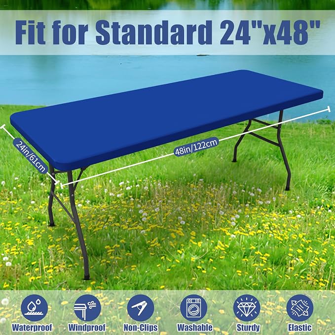 Moosfor 2 Pack Rectangle Spandex Fitted Table Cloth, 4FT Elastic Tablecloth | Washable Picnic Table Cover, Stretch Waterproof Table cloths for Party, Patio, Dining, Kitchen, 24" x 48", Blue