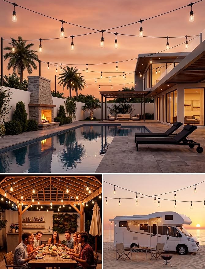 30FT LED Outdoor String Lights for Patio with 10+1L Shatterproof Bulbs | IP65, Shatterproof Edison Bulbs, Connectable Hanging Lights for Outdoor Backyard, Deck, Gazebo, Balcony, Camping, Party