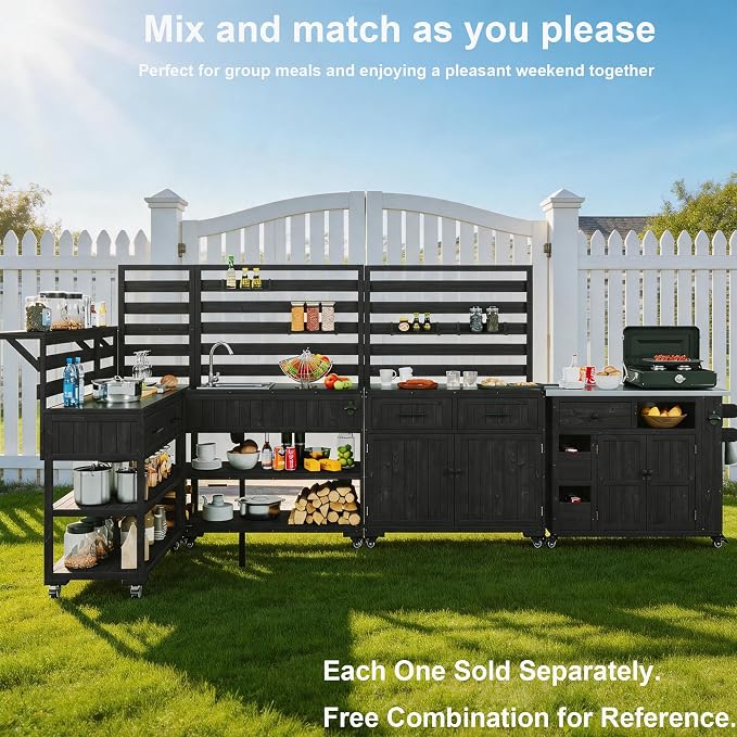 42 Inch Patio Kitchen Island with Sink, Black | Black fir wood, stainless steel top and sink, garden or patio, movable shelves, bottle opener, lockable wheels, 41.7 in L