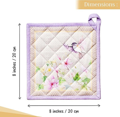 Maison d' Hermine Pot Holders 100% Cotton Heat Resistant Potholders 8" x 8" Hot Pads with Loop Cooking Baking Hotel Farmhouse Kitchen Handling Hot Pans Spring Summer (Pack of 2, Magnolia Mornings)