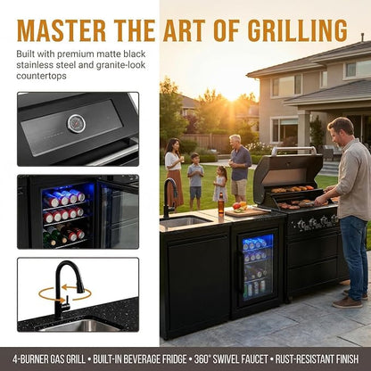 104 Inch Island Gas Grill,4-Burner Stainless Steel Gas Outdoor Kitchen Bar Barbecue Island Grill,Wine Cooler Compact Refrigerator,Marble Countertops,Stainless steel Sink