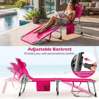GYMAX Tanning Chair, Folding Lounger with Face/Arm Holes, Carry Handles & Side Pocket, Portable Lightweight Layout Beach Chair for Outdoor/Indoor, Face Down Sun Lounger (1, Pink)