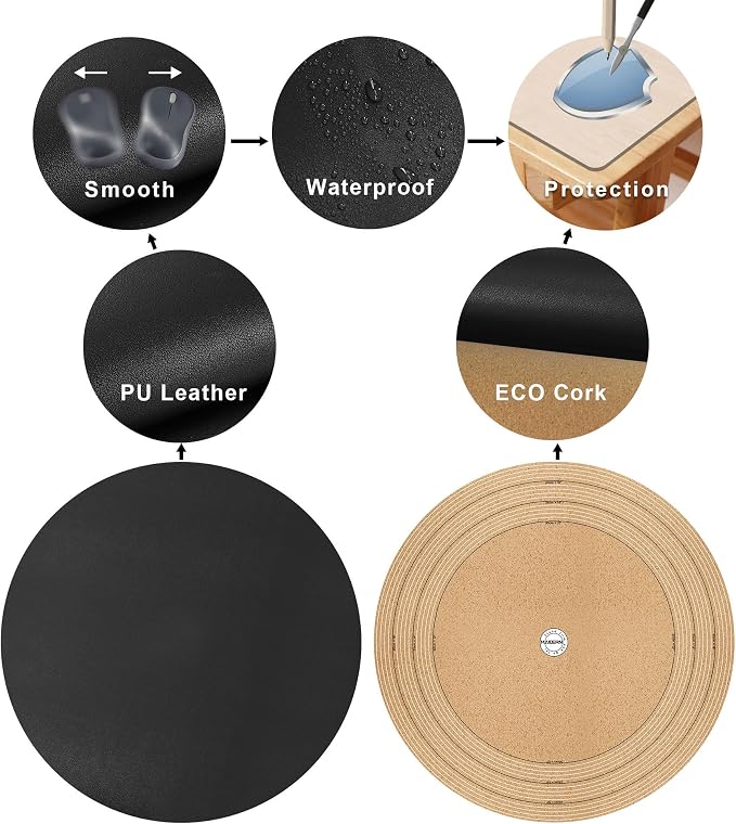 MAIDERN 18 Inch Round Cork & Leather Placemats, Cuttable Size (12-18 Inch), Trimmable Dining Table Mat, Heat Resistant/Non-Slip Table Cover for Kitchen, Office, or Restauran (Black)