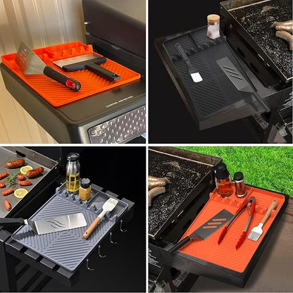Silicone Griddle Tools Mat for Blackstone, Spatula Rest with Drip Pad, Grill Side Shelf Mat for Blackstone, Silicone Utensil Rest/Holder for BBQ Tools (Orange 2 Pack)