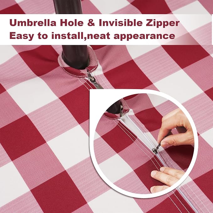 SquarePie Outdoor Tablecloth with Umbrella Hole and Zipper Rectangle Waterproof Gingham Table Cloth Spillproof Table Cover for Camping Picnic Patio Poolside Garden BBQS, 52x70 Burgundy Red Checkered