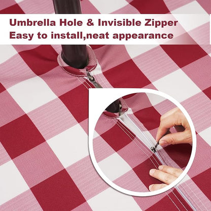 SquarePie Outdoor Tablecloth with Umbrella Hole and Zipper Rectangle Waterproof Gingham Table Cloth Spillproof Table Cover for Camping Picnic Patio Poolside Garden BBQS, 52x70 Burgundy Red Checkered
