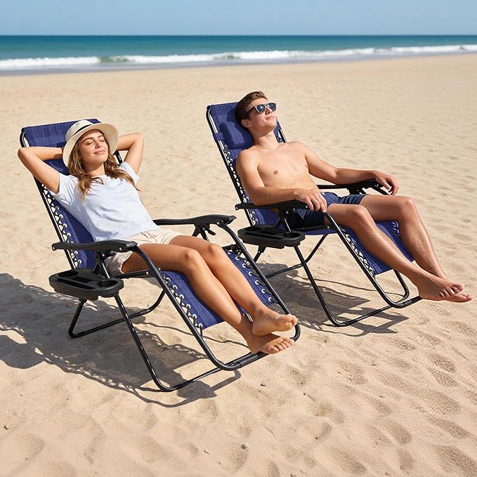 Zero Gravity Chair Set of 4 Oversized Folding Recliner, Padded Anti Gravity Lounge Chair with Adjustable Pillow & Cup Holder for Outdoor Camping, Patio, Poolside, Lawn (Blue)