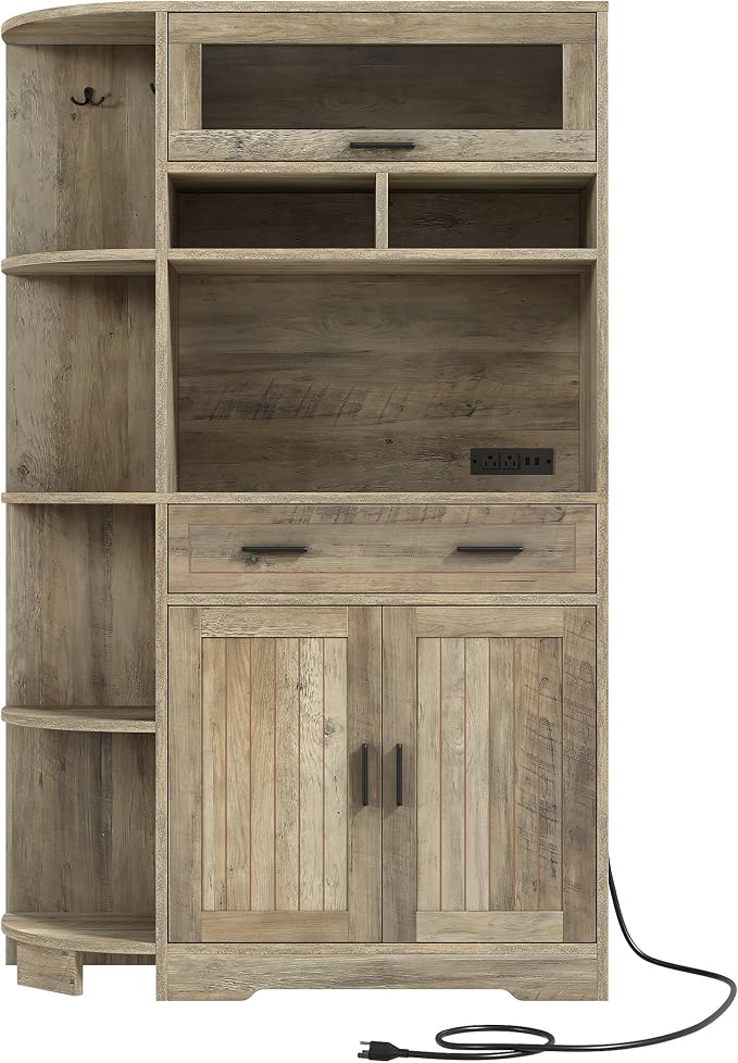 DWVO 67" Farmhouse Kitchen Pantry Cabinet with Storage Cabinet, Ash Gray | Coffee Bar & Charging Station, Buffet Sideboard, Microwave Stand, Hutch Cupboard for Dining Room Kitchen Living Room