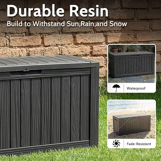 90 Gallon Deck Box Outdoor Storage Box Waterproof for Patio Furniture,Outdoor Cushions,Garden Tools and Pool Supplies,Lockable, Resin and Easy to Install Black