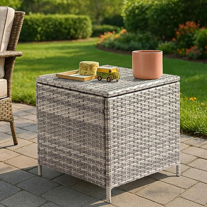 VINGLI 27 Gallon Outdoor Deck Box, Wicker Outdoor Storage Box with Lid, Small Storage Bin Container for Outside and Patio, Patio Rattan Side Table for Yard Porch (Grey, Square)