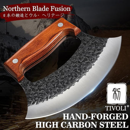 TIVOLI Ulu Knife with Wooden Stand – Full Tang High Carbon Steel, Japanese-Inspired Rocker Knife with Gift Box, Mezzaluna Knives & Pizza Cutter for Kitchen, Camping & BBQ, Unique Gift for Men