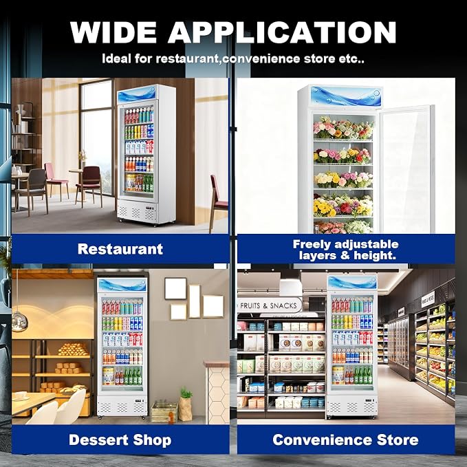 26.8'' W Commercial Beverage Refrigerator, 15 Cu.ft Upright Display Merchandiser Cooler Fridge with LED Light, Adjustable Shelves & Lockable Door for Restaurant Grocery Stores Home, White
